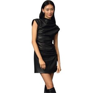 Anthropologie The Maya Ruched Cowl Neck Black Faux Leather Mini Dress Size 8